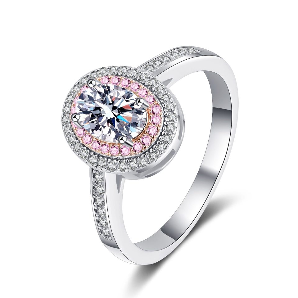 1ct Oval-Cut Double Halo Moissanite Ring with Pink Accents - 925 Sterling Silver