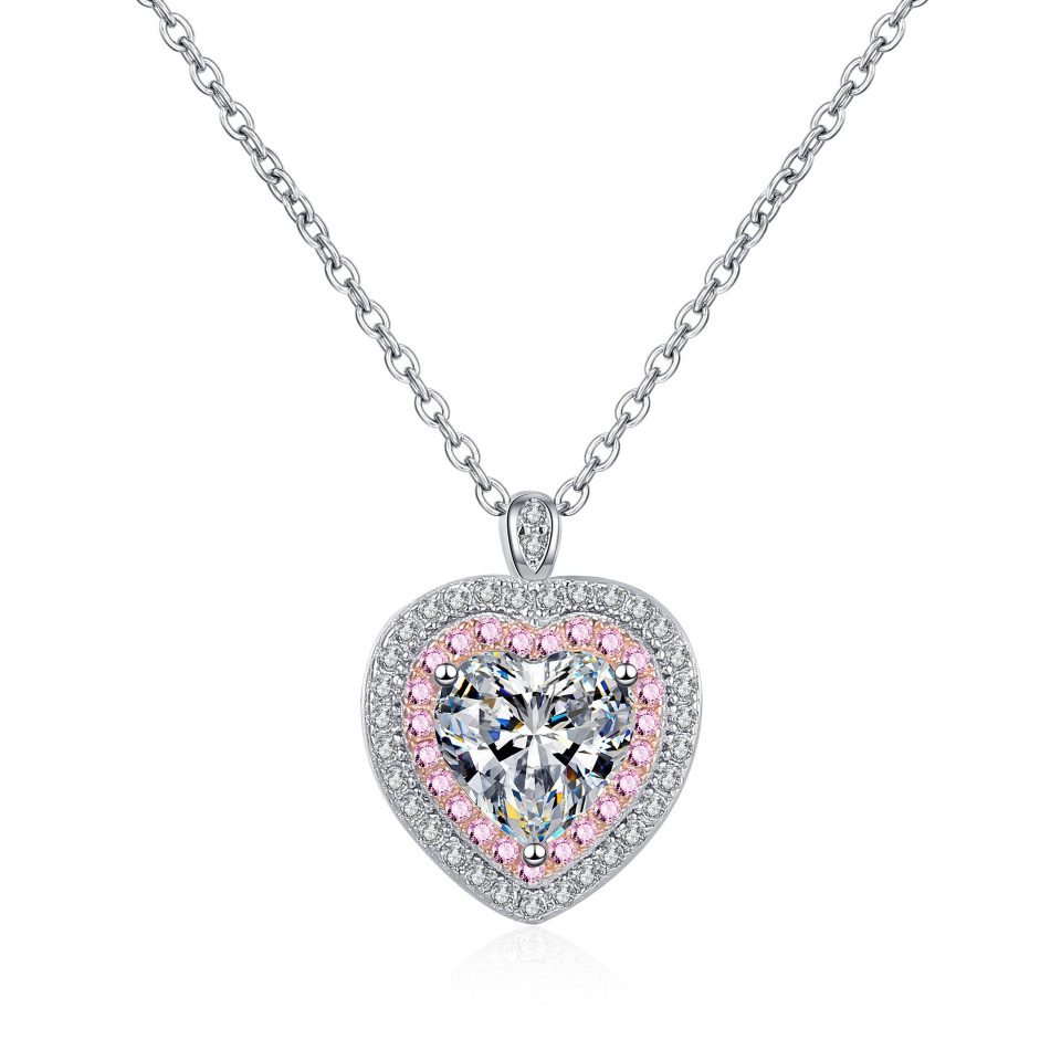 Heart-Cut Moissanite Pendant Necklace with Pink & White Diamond Halo - 925 Sterling Silver, 1ct