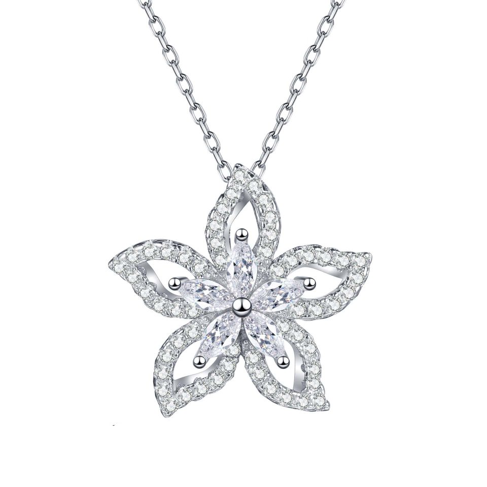 Flower Pendant Necklace with Marquise-Cut Moissanite Petals - 925 Sterling Silver, 0.83ct Total