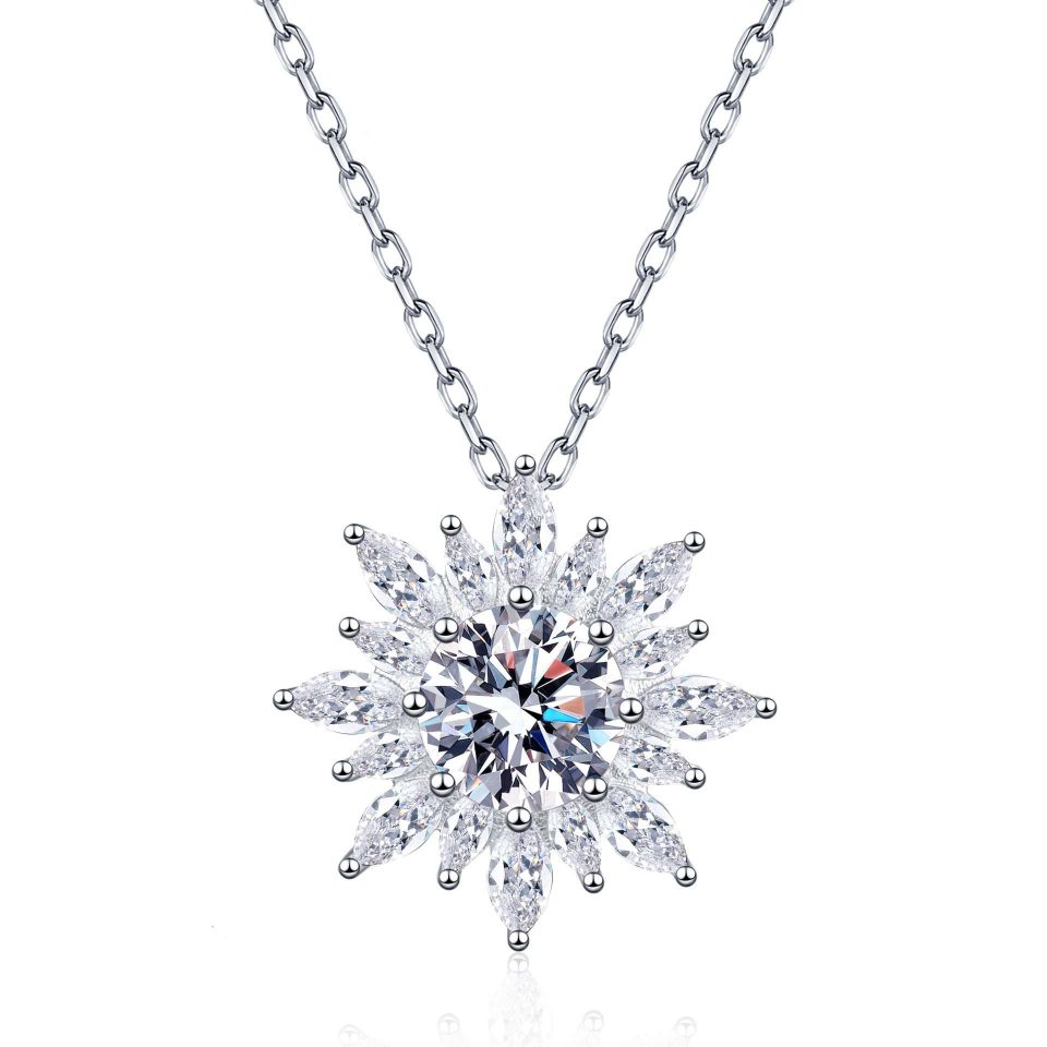 Sunburst Halo Moissanite Pendant Necklace - 925 Sterling Silver, 1ct