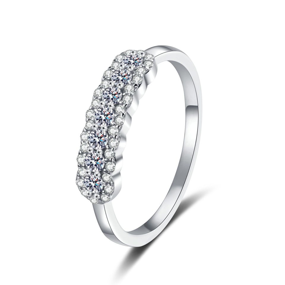 0.37ct Seven-Stone Halo Pavé Half Eternity Moissanite Band Ring - 925 Sterling Silver