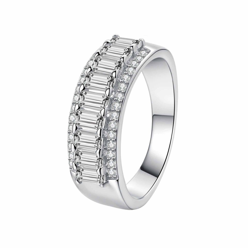 1.9ct Total Three-Row Baguette & Round Half Eternity Moissanite Band Ring | 925 Sterling Silver