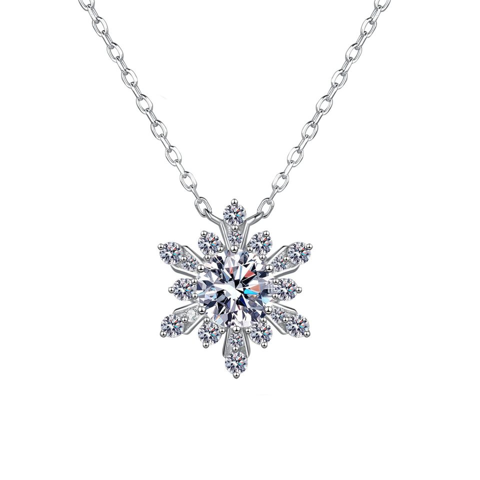 1ct Round Center Snowflake Pavé Moissanite Pendant Necklace - 925 Sterling Silver