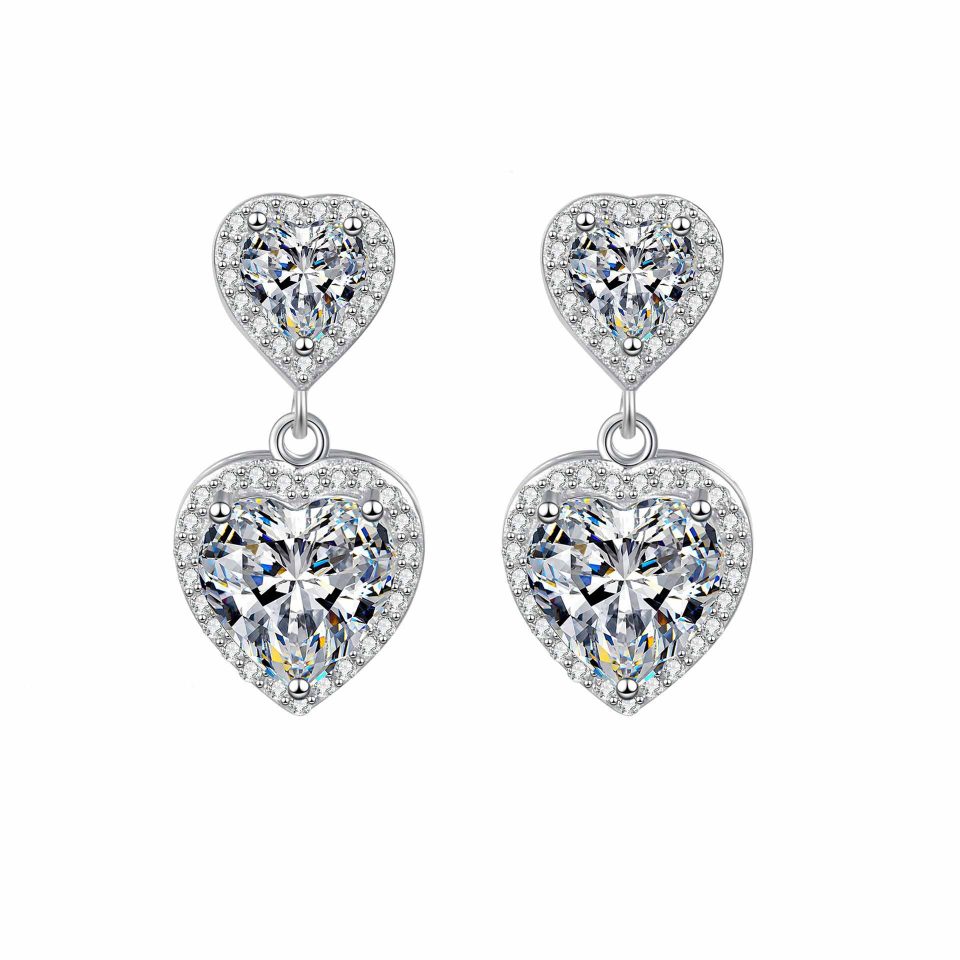 Dual Double Heart Halo Drop Dangle Moissanite Earrings, 2ct Large + 0.5ct Small Heart Per Ear | 925 Sterling Silver
