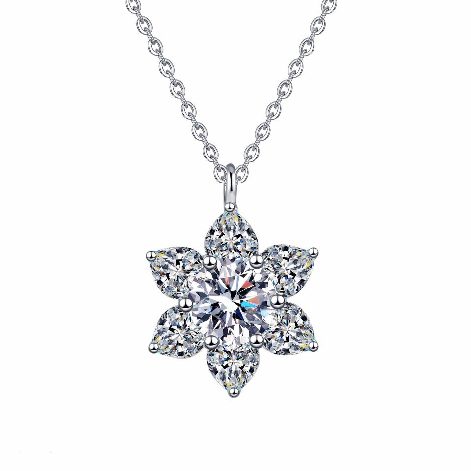 2.8ct Round Center Six Heart Petal Flower Moissanite Pendant Necklace | 925 Sterling Silver