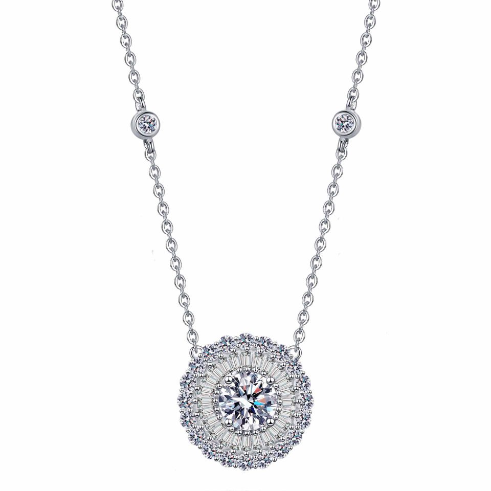 1ct Round Center Double Halo Sunburst Moissanite Pendant Necklace | 925 Sterling Silver
