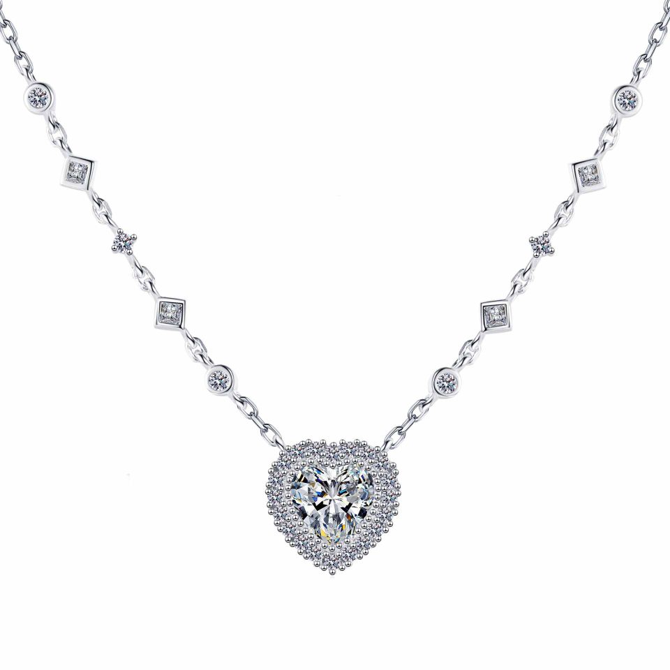 2ct Heart Center Halo Station Chain Moissanite Pendant Necklace | 925 Sterling Silver