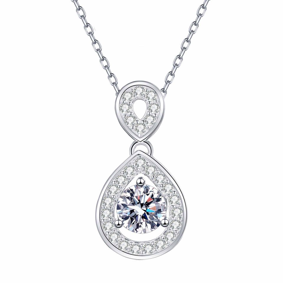 1ct Round Double Teardrop Halo Moissanite Pendant Necklace | 925 Sterling Silver