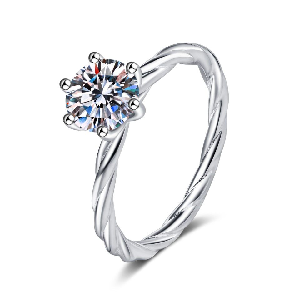 1ct Round-Cut Six-Prong Twisted Band Solitaire Moissanite Ring - 925 Sterling Silver