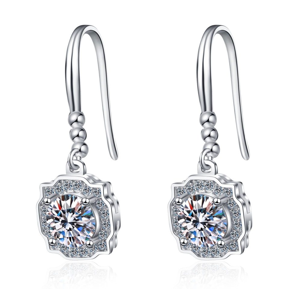 0.5ct / 1ct Octagonal Halo Drop Hook Dangle Moissanite Earrings | 925 Sterling Silver