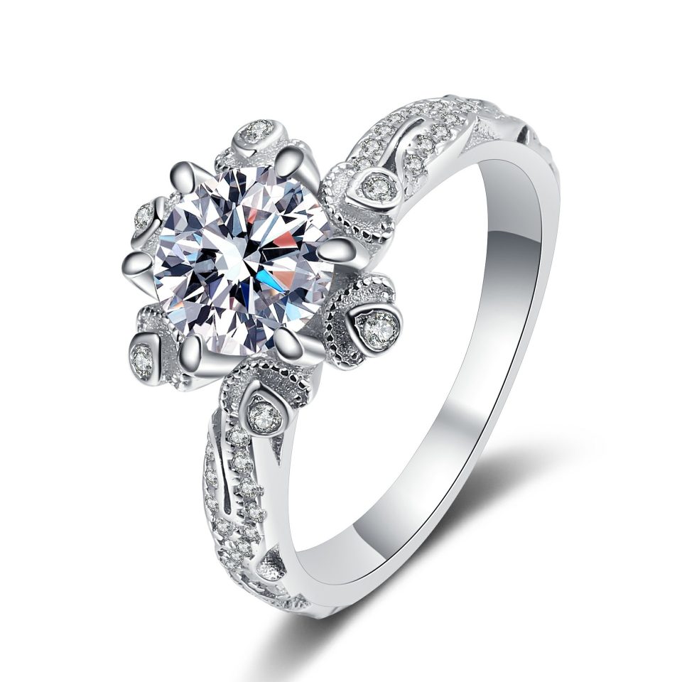 1ct Round-Cut Floral Six-Prong Solitaire Moissanite Ring with Vintage Pavé Band - 925 Sterling Silver