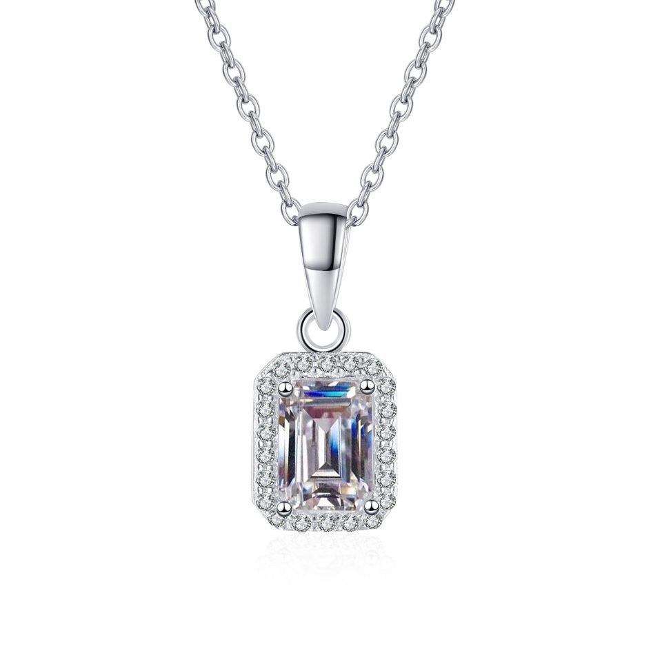 1ct Emerald Cut Single Halo Moissanite Pendant Necklace | 925 Sterling Silver