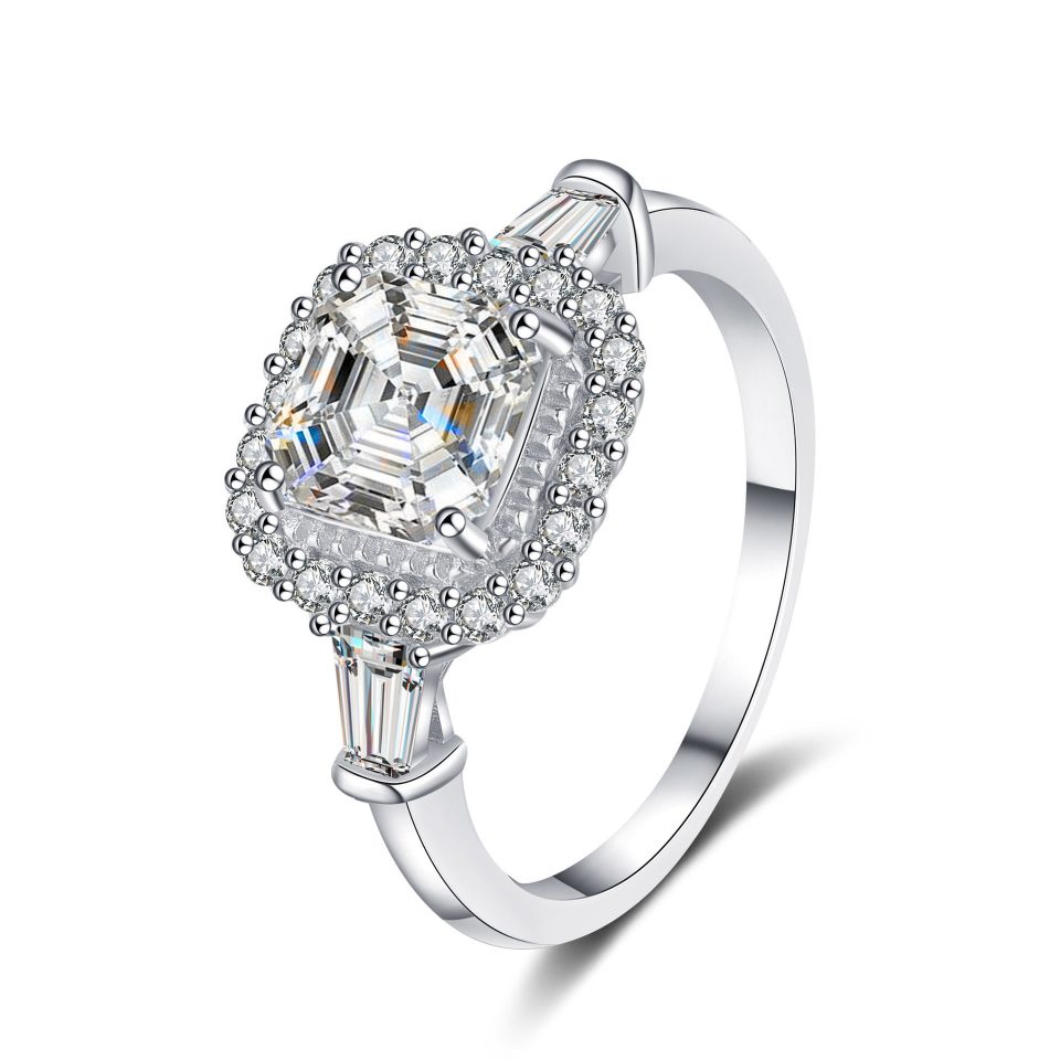 2ct Asscher Cut Double Halo Moissanite Ring with Baguette Side Stones | 925 Sterling Silver