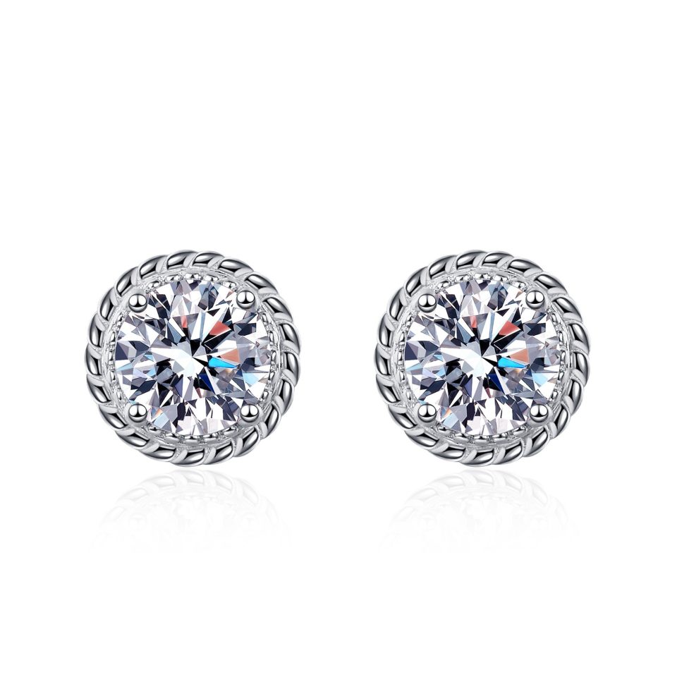 Twisted Rope Halo Round Moissanite Stud Earrings, Single Stone Option 0.5ct / 1ct | 925 Sterling Silver