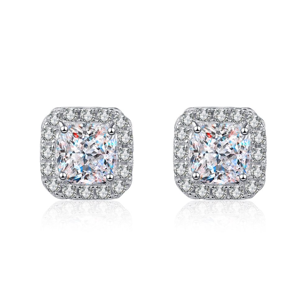 Cushion Cut Halo Moissanite Stud Earrings, 0.5ct / 1ct Per Ear | 925 Sterling Silver
