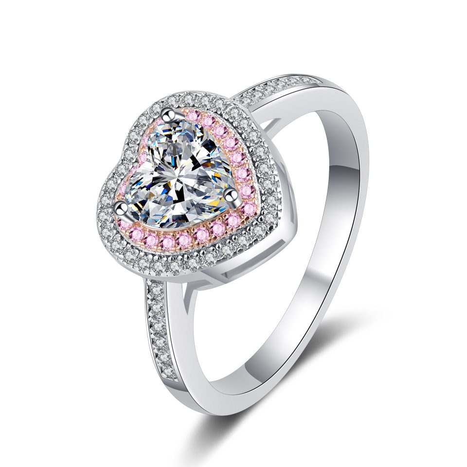 1ct Heart-Shaped Double Halo Moissanite Ring with Pink Accents - 925 Sterling Silver