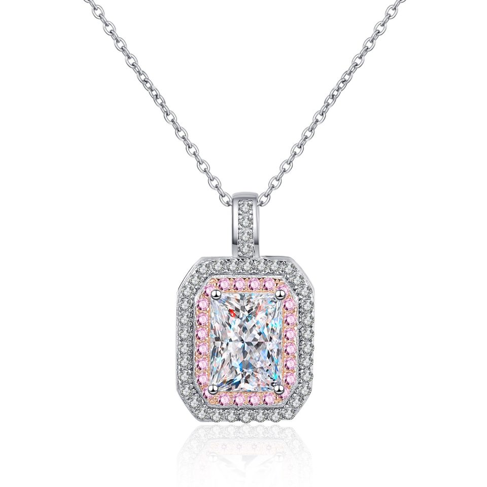 1ct Radiant Cut Double Halo Pink Accent Moissanite Pendant Necklace | 925 Sterling Silver
