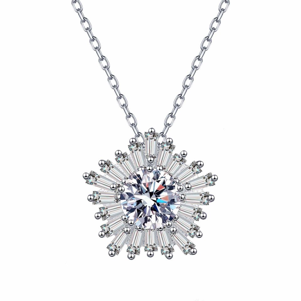 1ct Round Center Full Baguette Sunburst Moissanite Pendant Necklace | 925 Sterling Silver