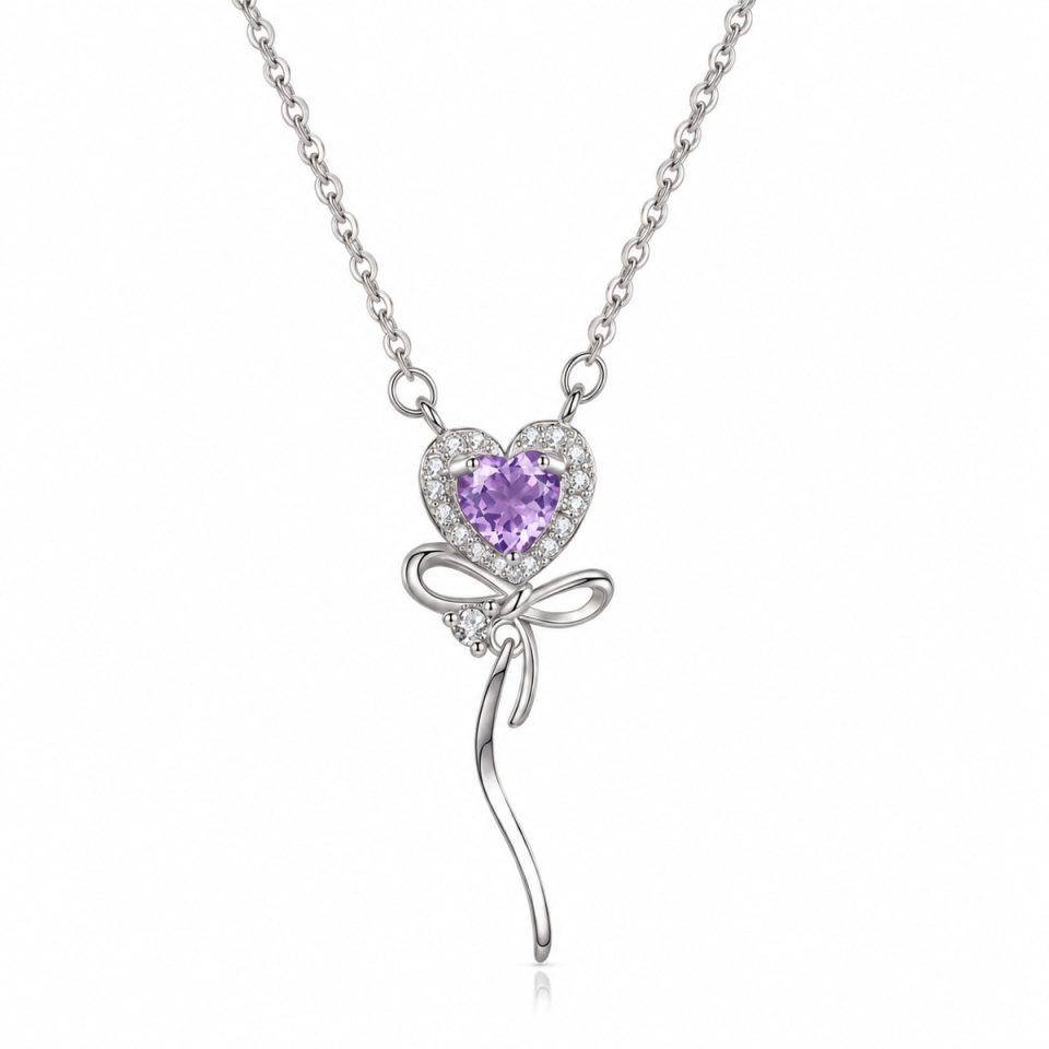 Heart Halo Natural Gemstone Bow Ribbon Drop Pendant Necklace