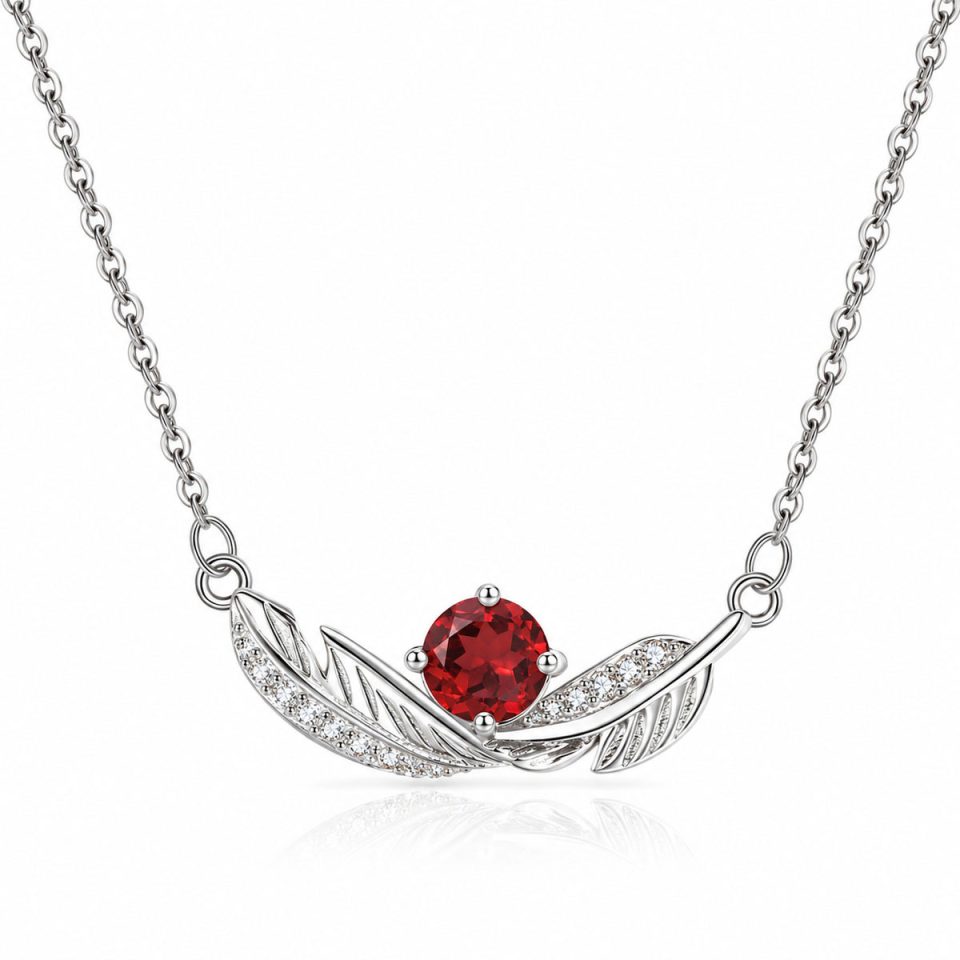 Curved Double Feather Pendant Necklace With Round Natural Gemstone