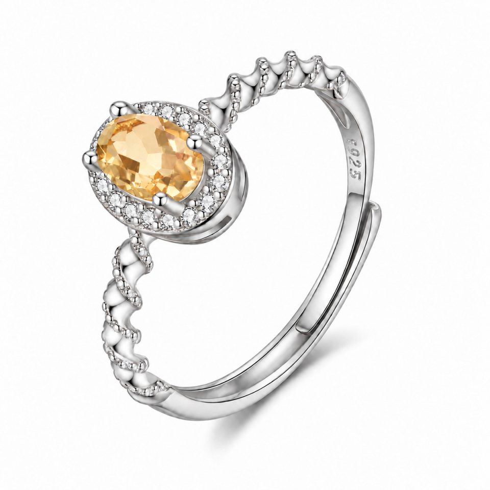 Oval Halo Natural Gemstone Twisted Wave Band Ring | Adjustable Open Ring