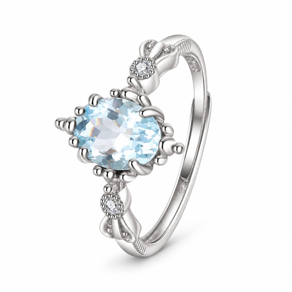 Ornate Bezel Frame Aquamarine Adjustable Statement Ring