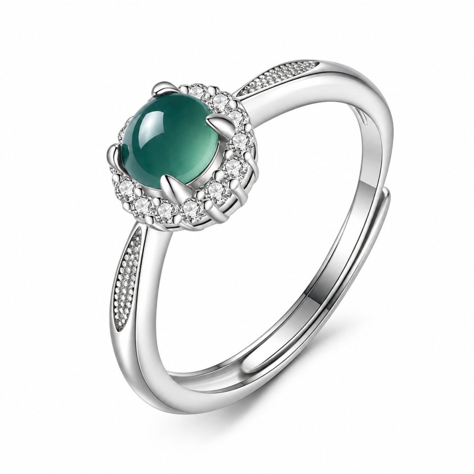 Halo Wrapped Round Jade Stone Adjustable Sterling Silver Ring