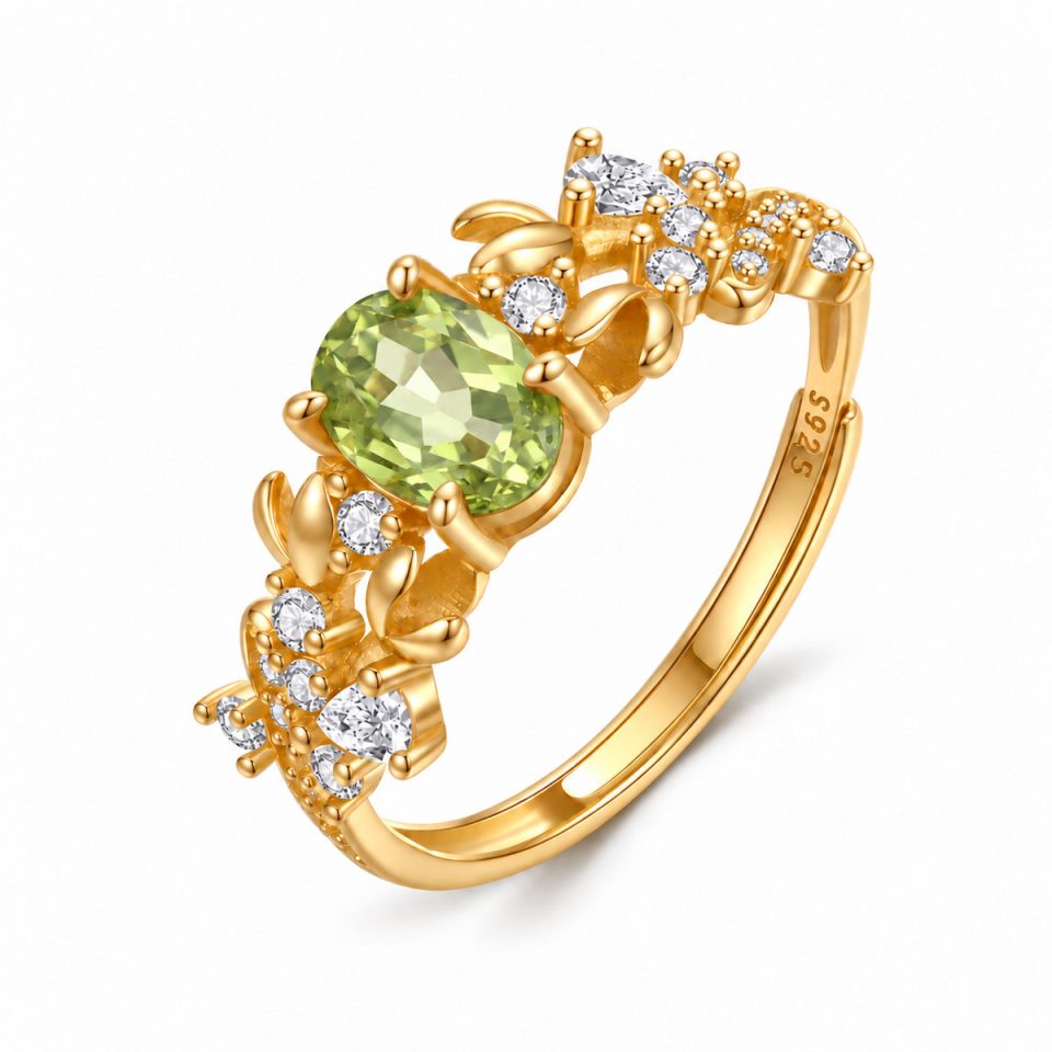 Vintage Floral Branch Natural Gemstone Adjustable Gold Ring