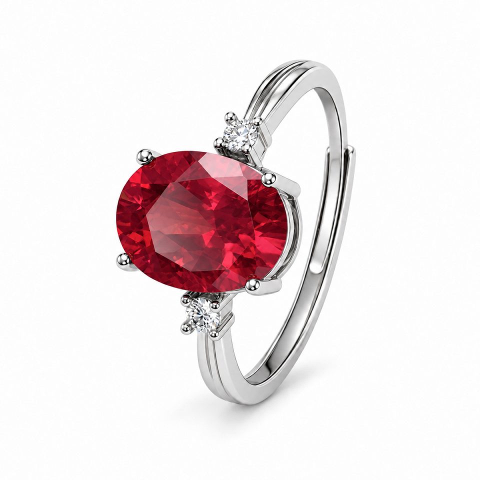 Oval Cut Four Prong Open Adjustable Ring with Accent Stones