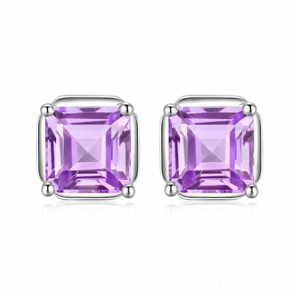 Princess Cut Square Natural Gemstone Four Prong Stud Earrings