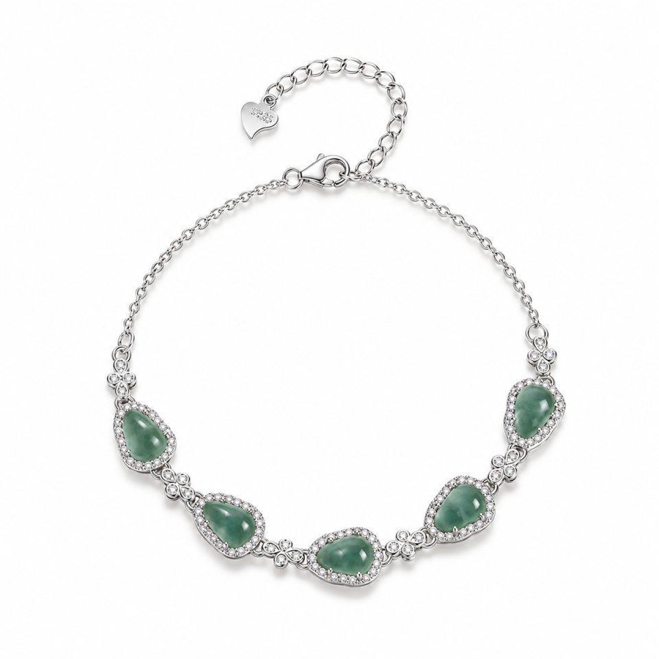 Five Heart Blue Water Jade Bracelet | Halo Paved Diamond Border Adjustable