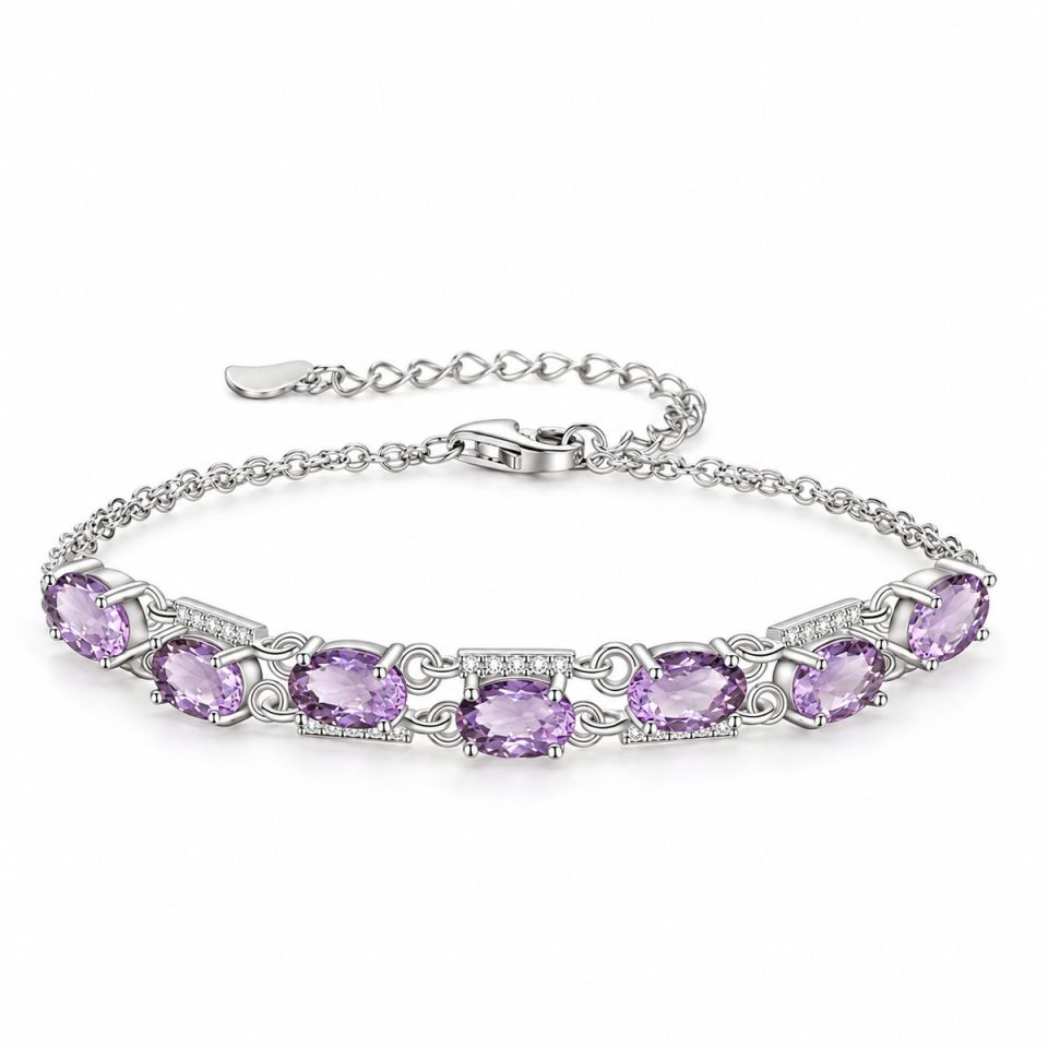 Elegant Oval Cut Natural Stone Dainty Silver Bracelet With Adjustable Extension Chain