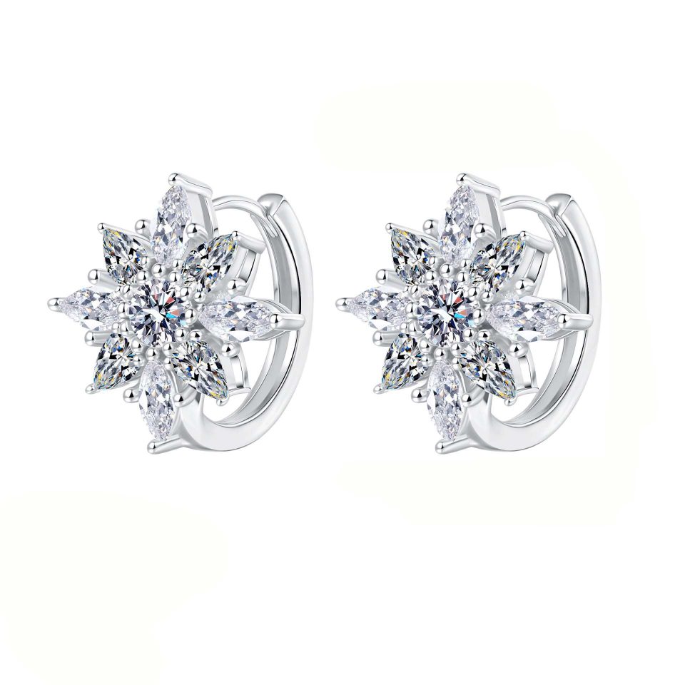 1ct Center Round Moissanite Star Flower Huggie Hoop Earrings with Marquise & Pear Accent Stones