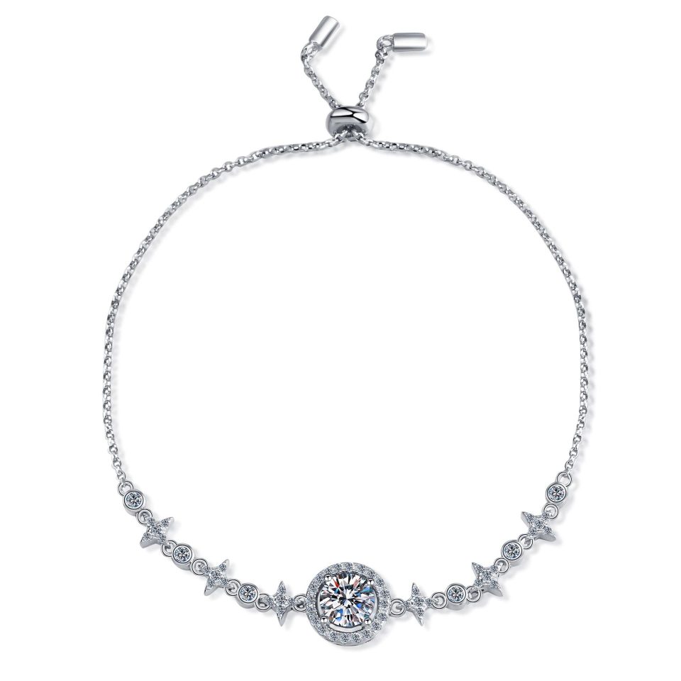 1ct Center Halo Moissanite Star Accent Adjustable Slider Bracelet