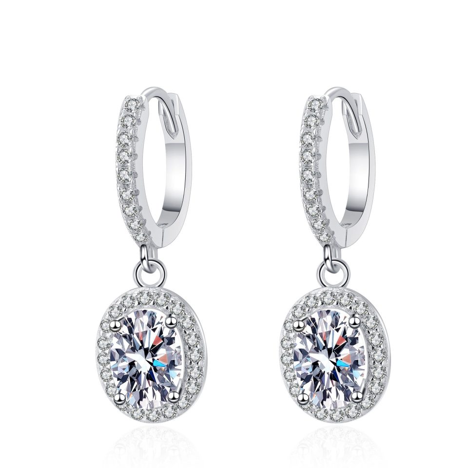 1ct Oval Cut Halo Moissanite Dangle Huggie Hoop Earrings