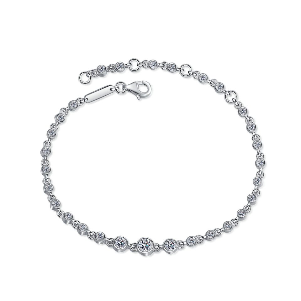 0.87ct Total Bezel Set Round Moissanite Station Chain Bracelet | Silver & Rose Gold