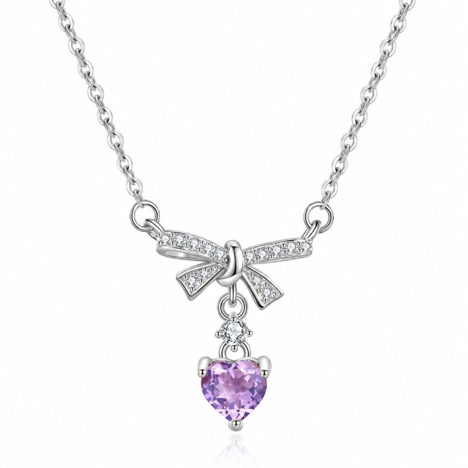 Sweet Bow & Heart Gem Necklace Elegant Women Jewelry