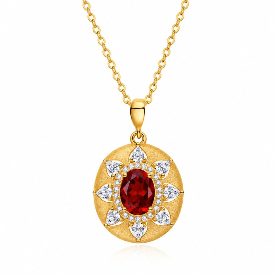 French Retro Brushed Sunflower Halo Gem Necklace