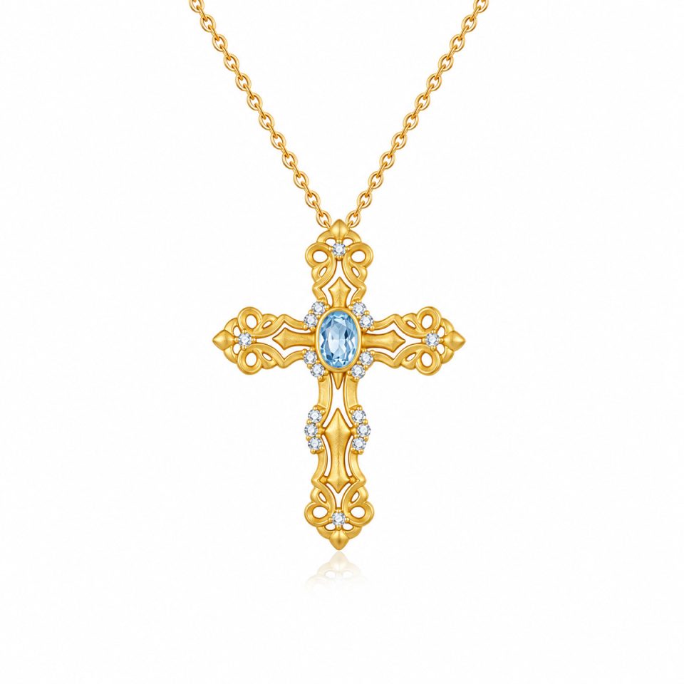 French Vintage Brushed Filigree Cross Pendant Necklace with Oval Natural Gem, Gold & Silver Tone