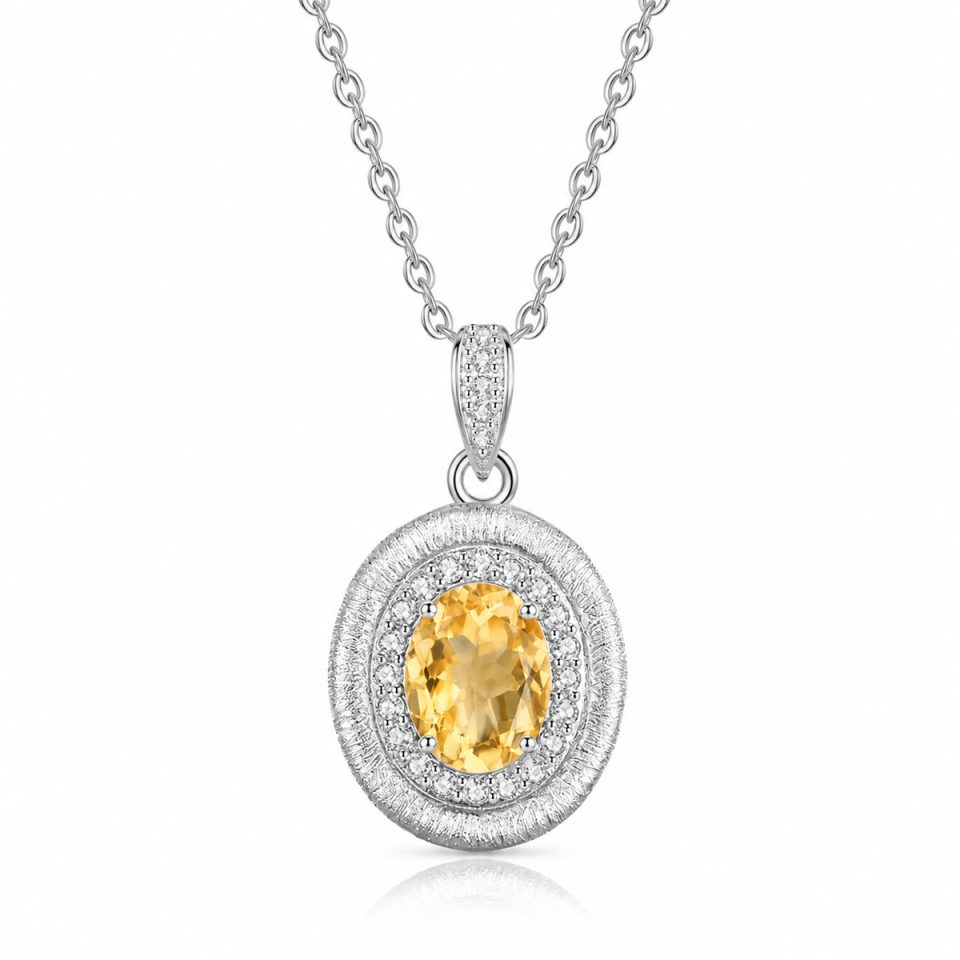Brushed Matte Oval Halo Natural Gemstone Pendant Necklace
