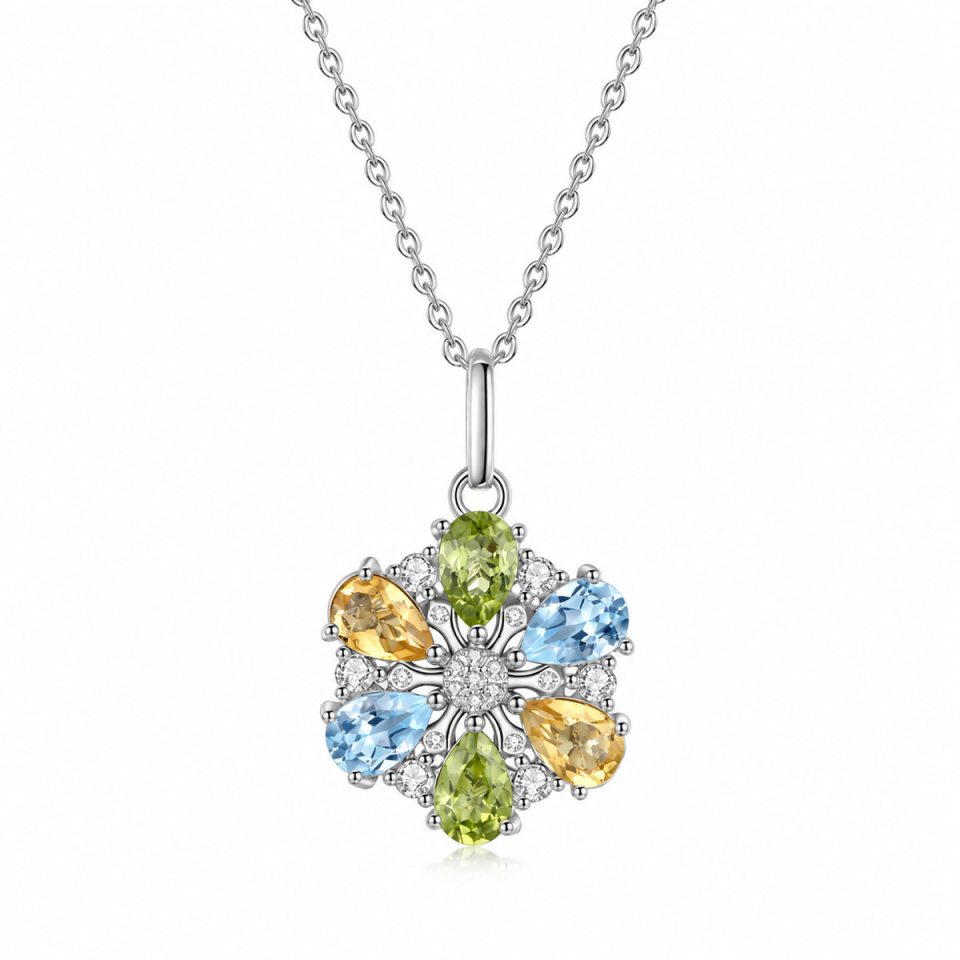 Multicolor Pear Shape Gemstone Flower Pendant Necklace Fixed Mixed Gem Design