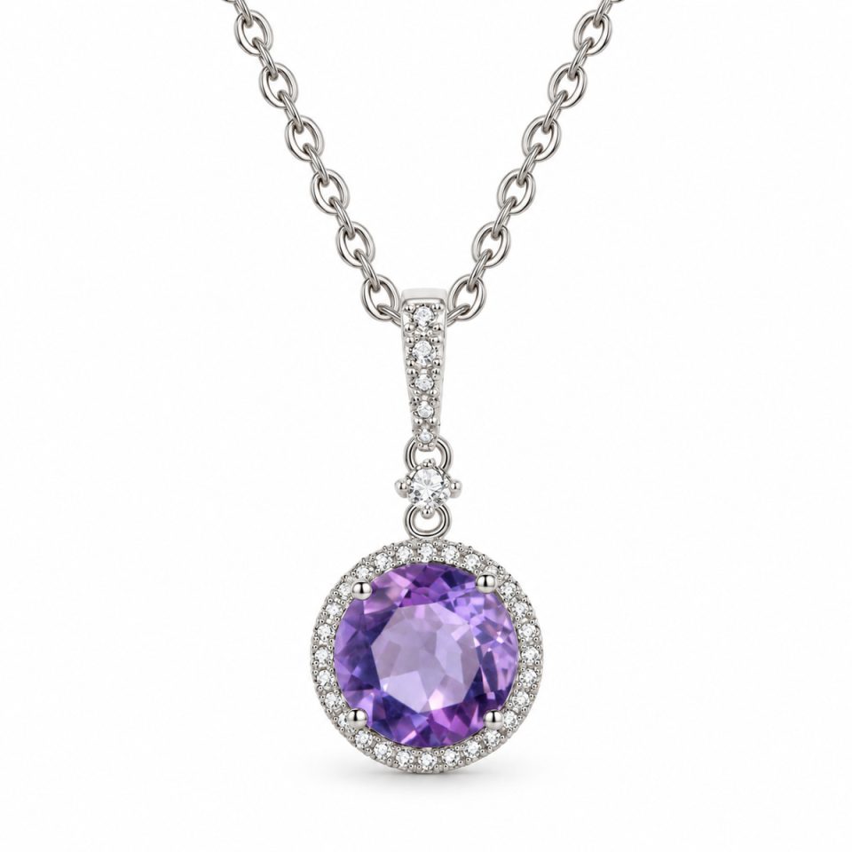 Round Brilliant Cut Halo Natural Gem Pendant Necklace