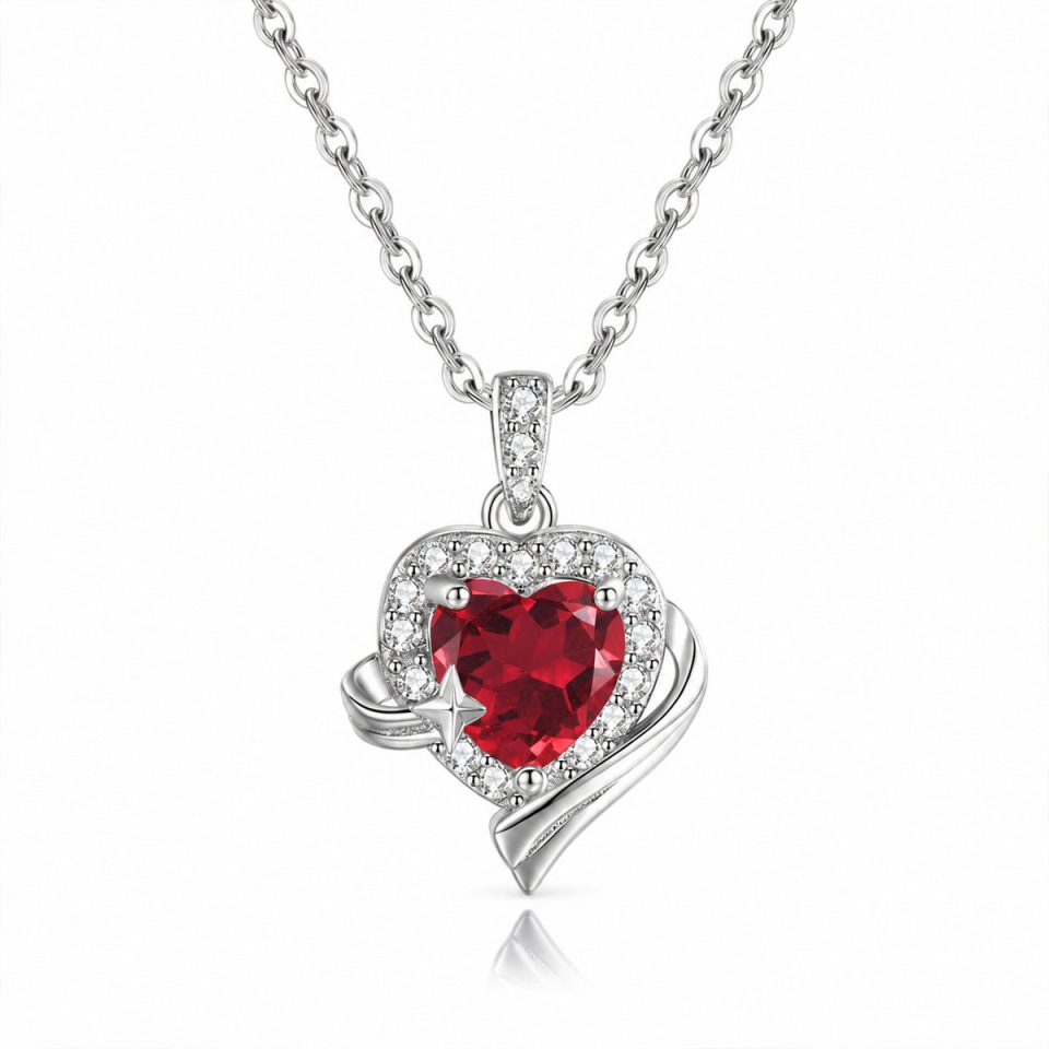 Heart Cut Natural Gem Pendant Necklace with Star & Ribbon Detail