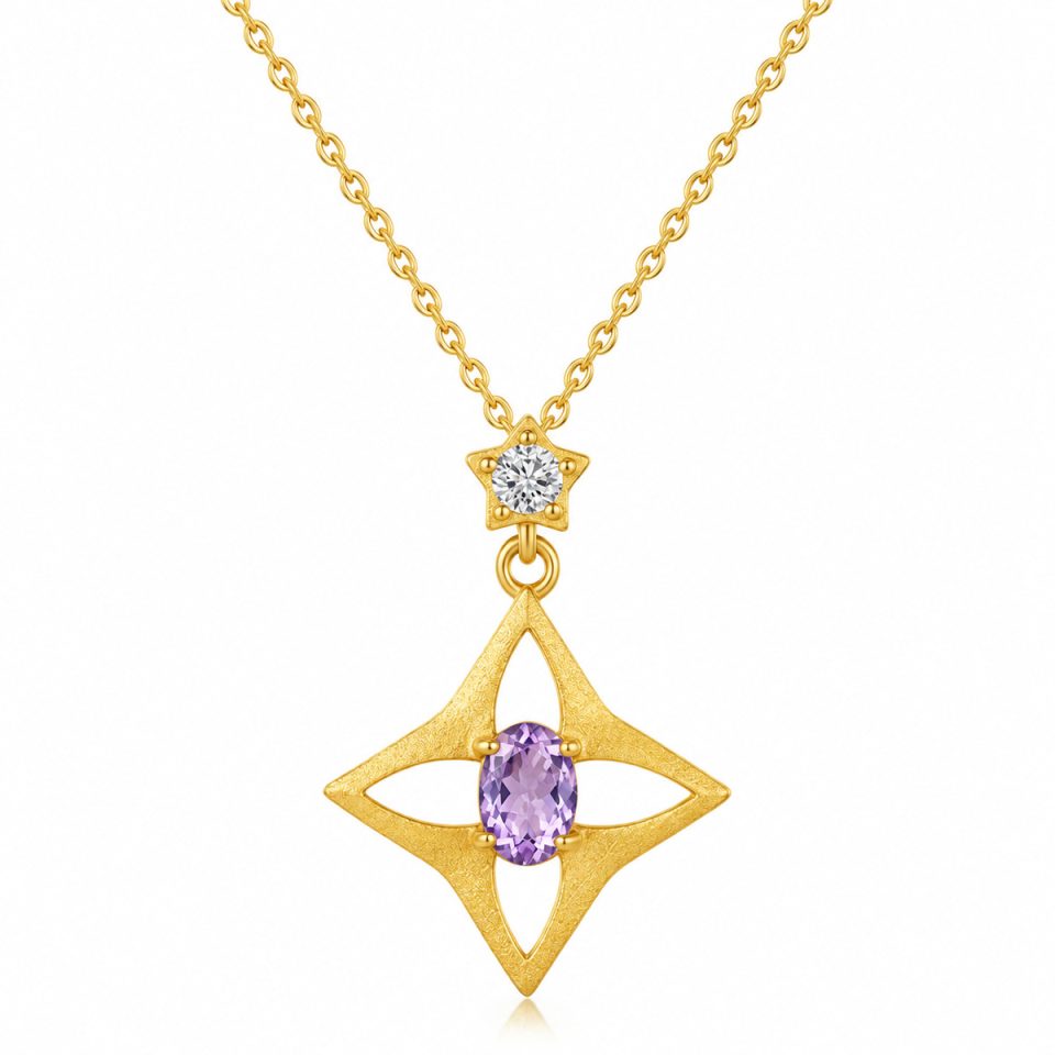 Brushed Four-Pointed Star Oval Natural Gem Pendant Necklace, Gold & Silver Plated