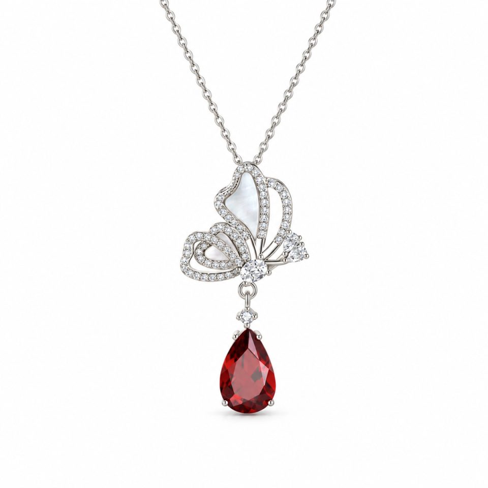 Dangle Teardrop Gemstone Butterfly Necklace with Mother of Pearl