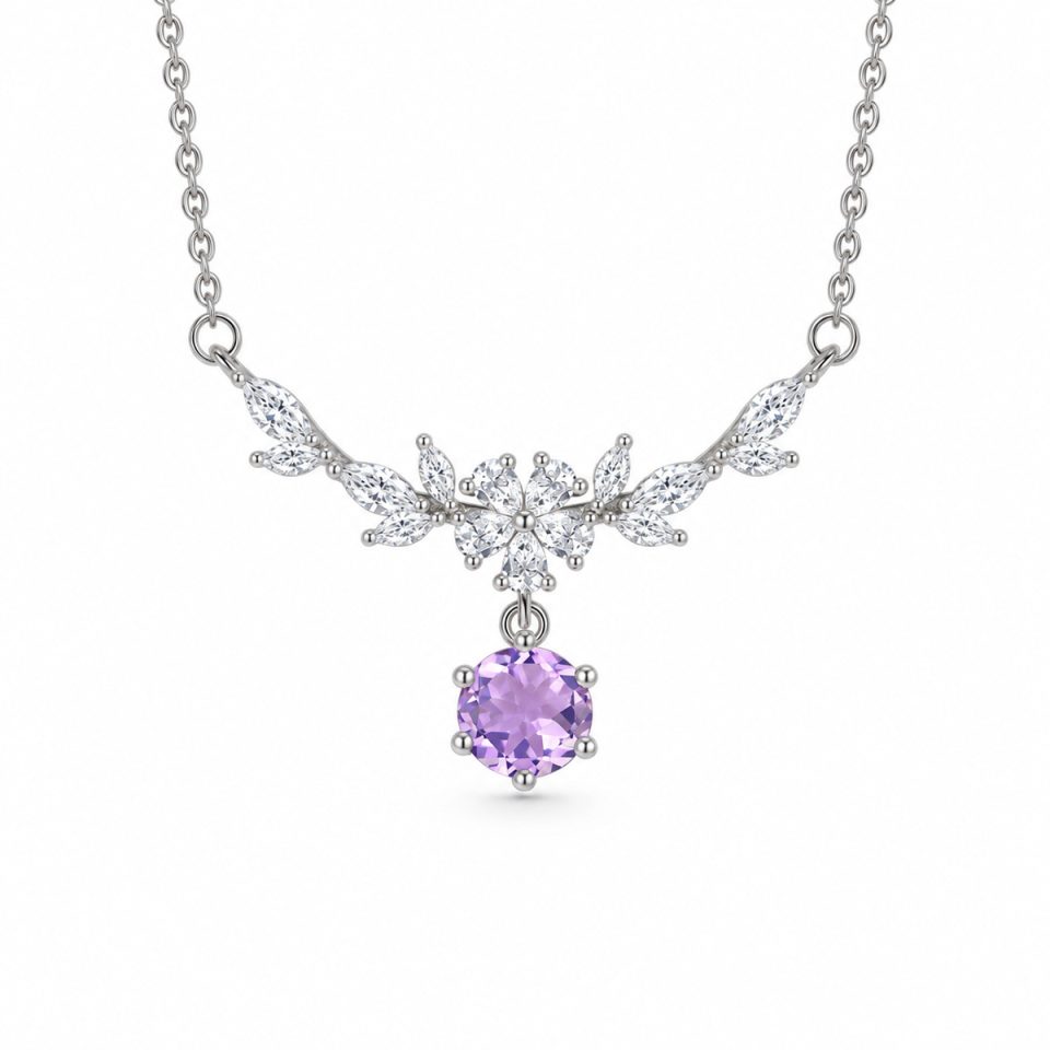 Wisteria Flower Choker Necklace, Dangle Round Natural Gemstone Pendant