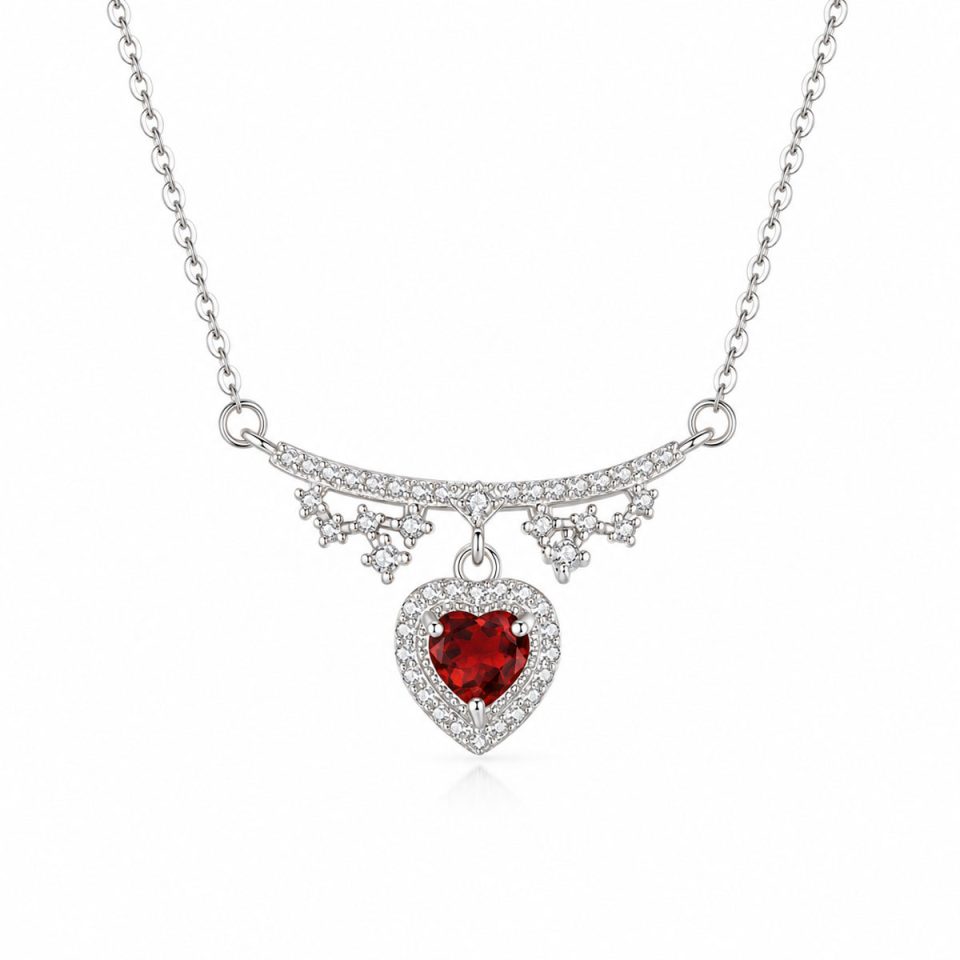 Heart Halo Pendant Necklace, Snowflake Accent Dangle Natural Gemstone Necklace
