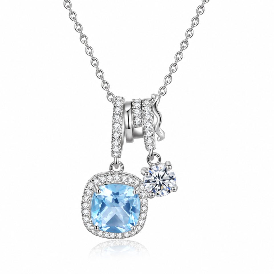 Cushion‑Cut Blue Topaz Pendant Necklace With Zircon Accent