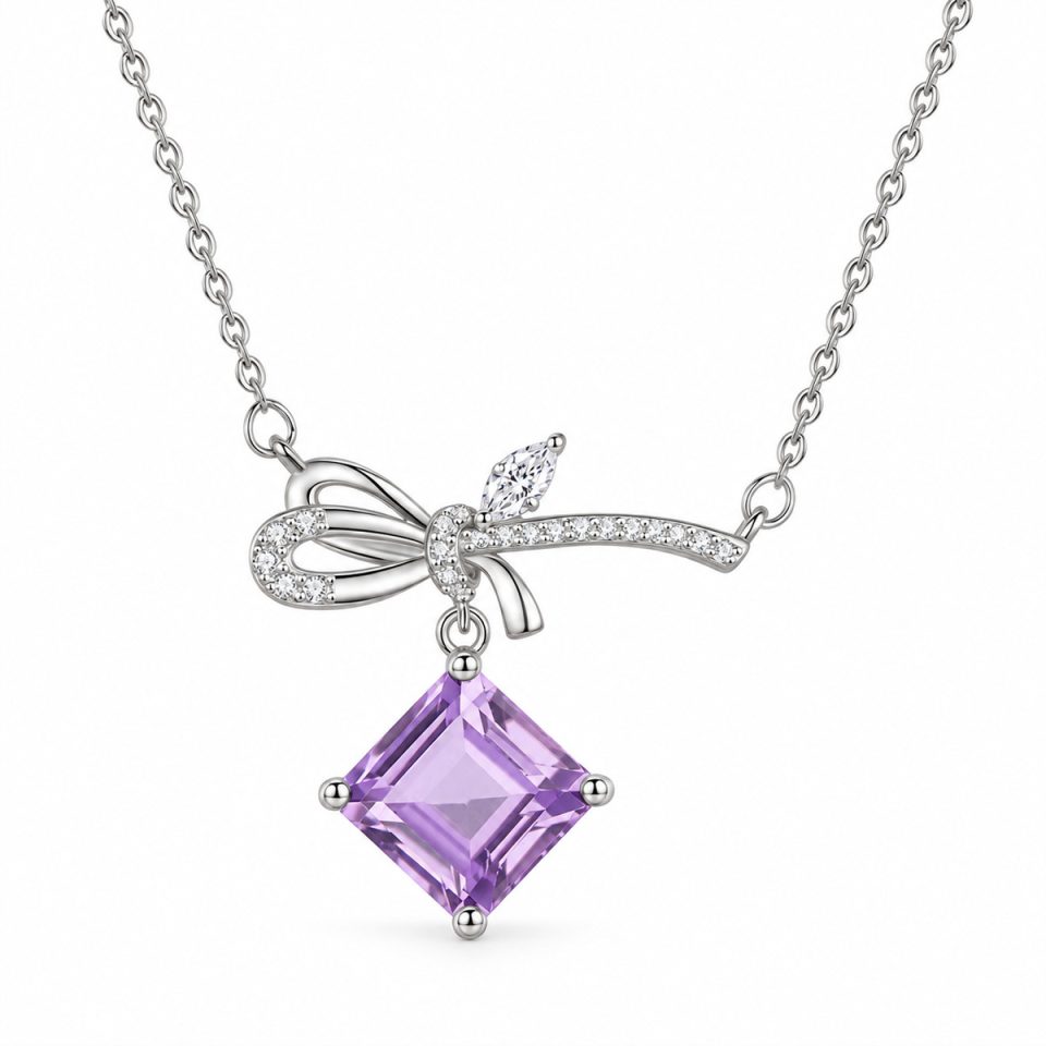 Bowknot Square Cut Natural Gemstone Necklace With Zircon Accents
