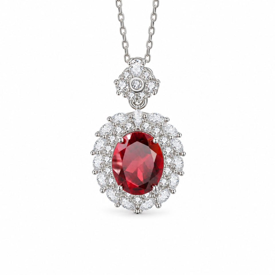 Vintage Oval Halo Natural Gemstone Pendant Necklace with Zircon